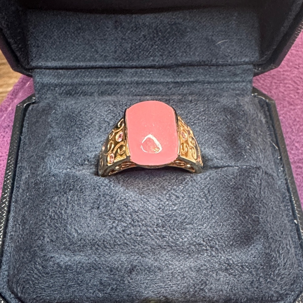 Gold And Pink Cabochon Ring with Scroll Detail